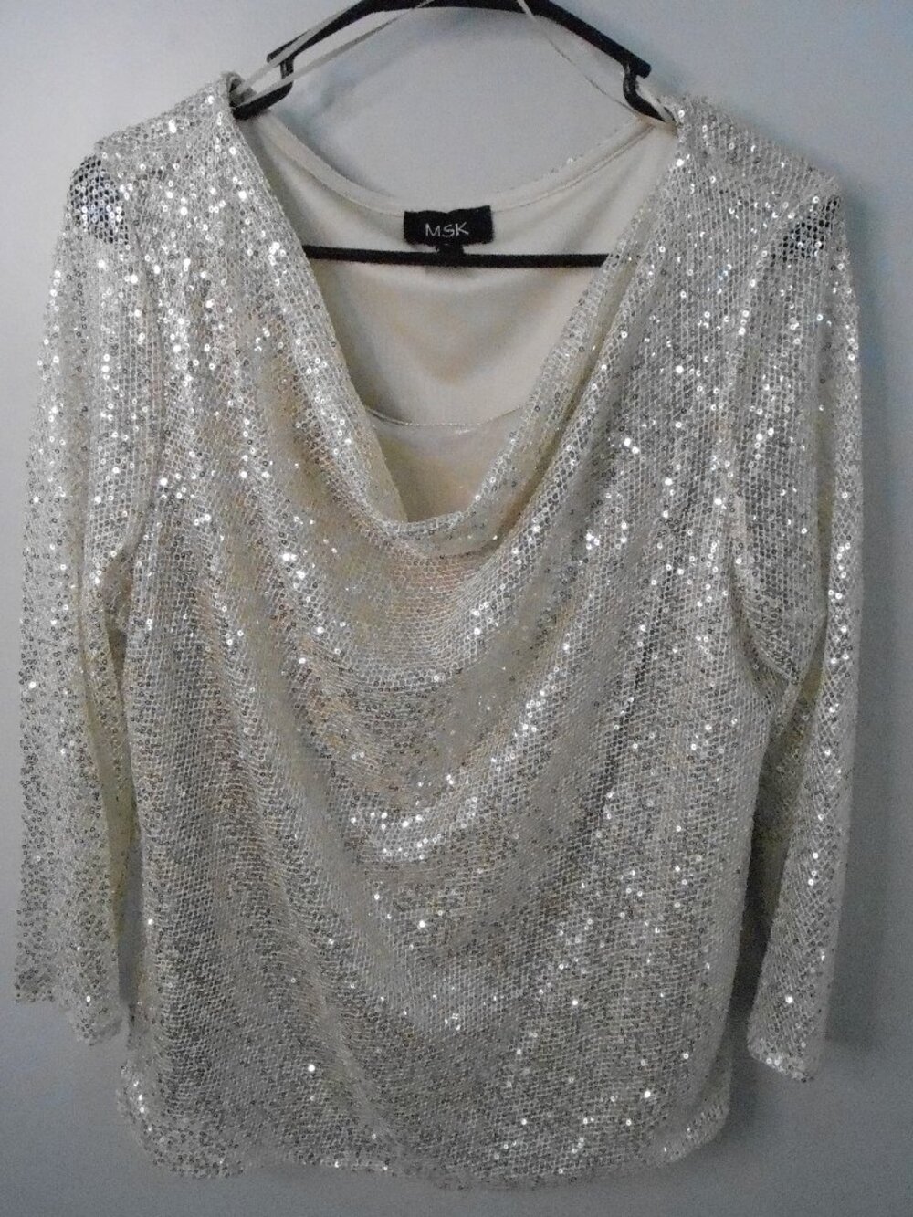 MSK Women's Cream Colored Silver Toned Sequin Cowl Neck 3/4 Sleeve Top Size-XL